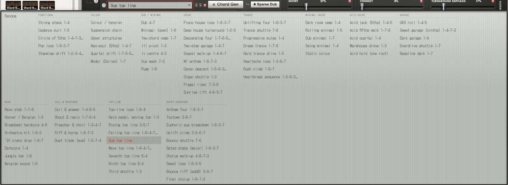 The Chordinator engine dropdown open across the window, showing all 84 harmony engines in labelled groups: functional, colour, dub and minimal, house, trance, minimal house, acid house, garage, rave, call and response, top-line and happy hardcore