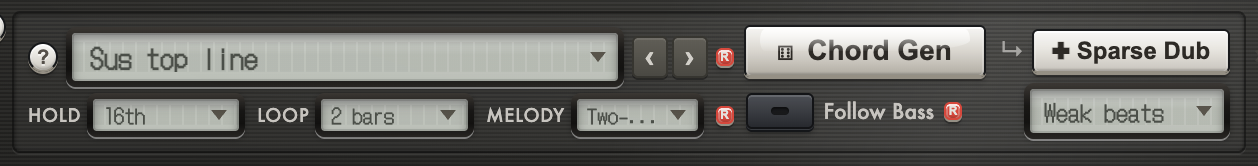 The Chordinator generator row: the algorithm dropdown showing Sus top line, the Chord Gen and Sparse Dub buttons, Hold and Loop settings, a melody selector, Weak beats and Follow Bass