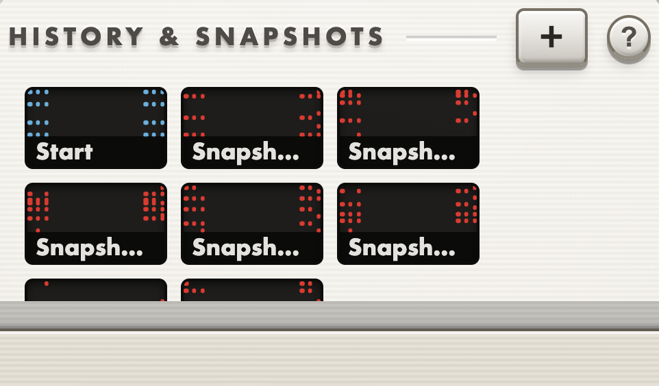 The Chordinator history and snapshots strip: a grid of small piano-roll thumbnails, the first labelled Start and the rest saved Snapshots, with a plus button to take a snapshot