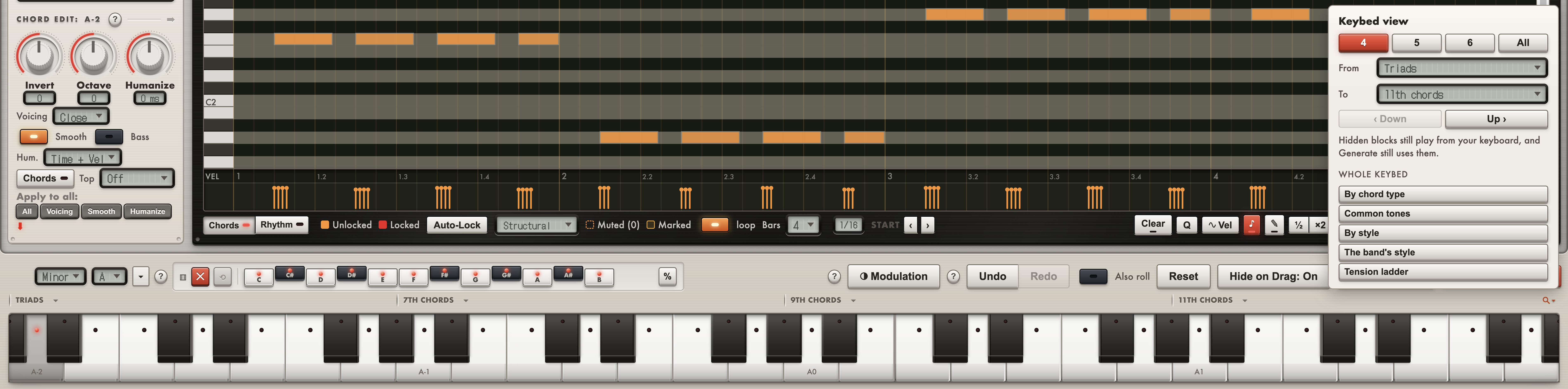 The keybed showing four blocks, Triads to 11th chords, with wider keys, and the Keybed view menu open above its right end: 4, 5, 6 and All, From and To menus, Down and Up, and the five whole-keybed layouts