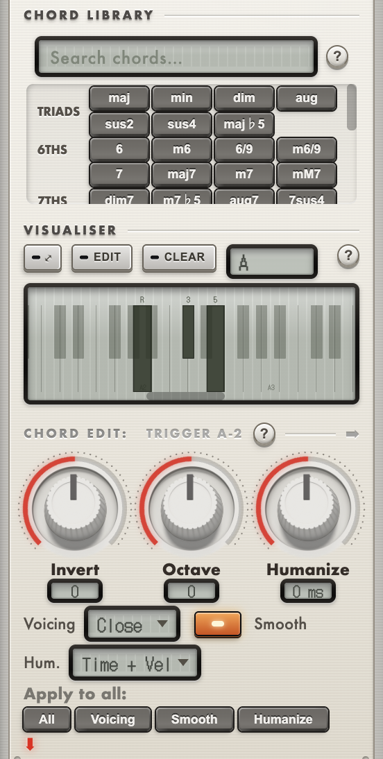 The Chordinator chord library with its search box and family chips, the visualiser keyboard below it, and the chord edit controls for invert, octave, humanize, voicing and smoothing