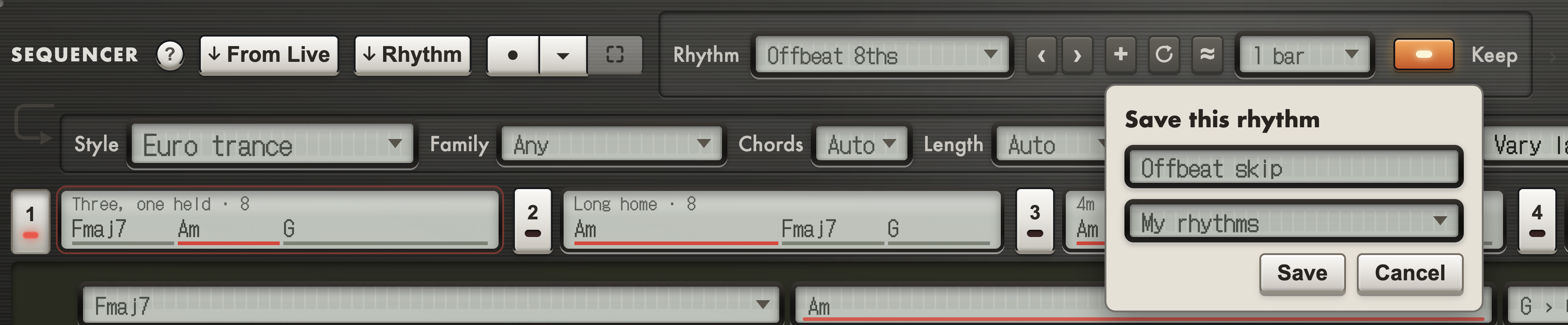 The Save this rhythm form open under the Rhythm menu, with a name field reading Offbeat skip, a family menu set to My rhythms, and Save and Cancel