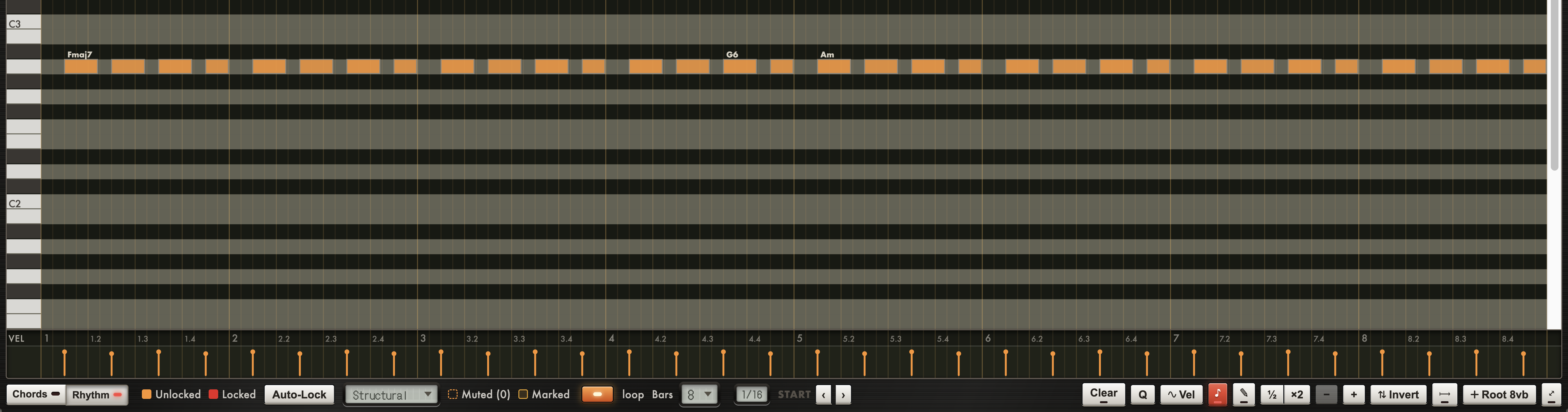 The Chordinator roll in its Rhythm view: one row of hits on the root note with the chord names above them, the velocity lane, and the Chords and Rhythm keys at the bottom left
