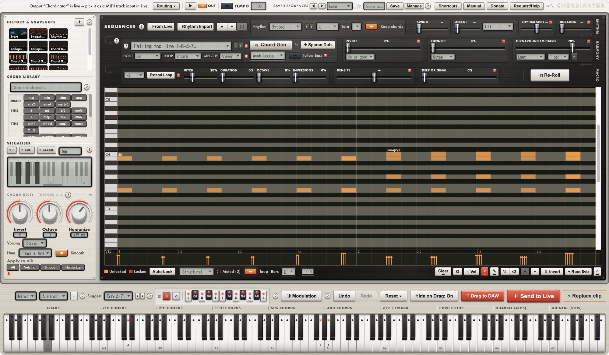 The Chordinator window: a generated progression stamped across the poly piano roll with chord-name labels, the chord library and history strip down the left, and the trigger keyboard along the bottom