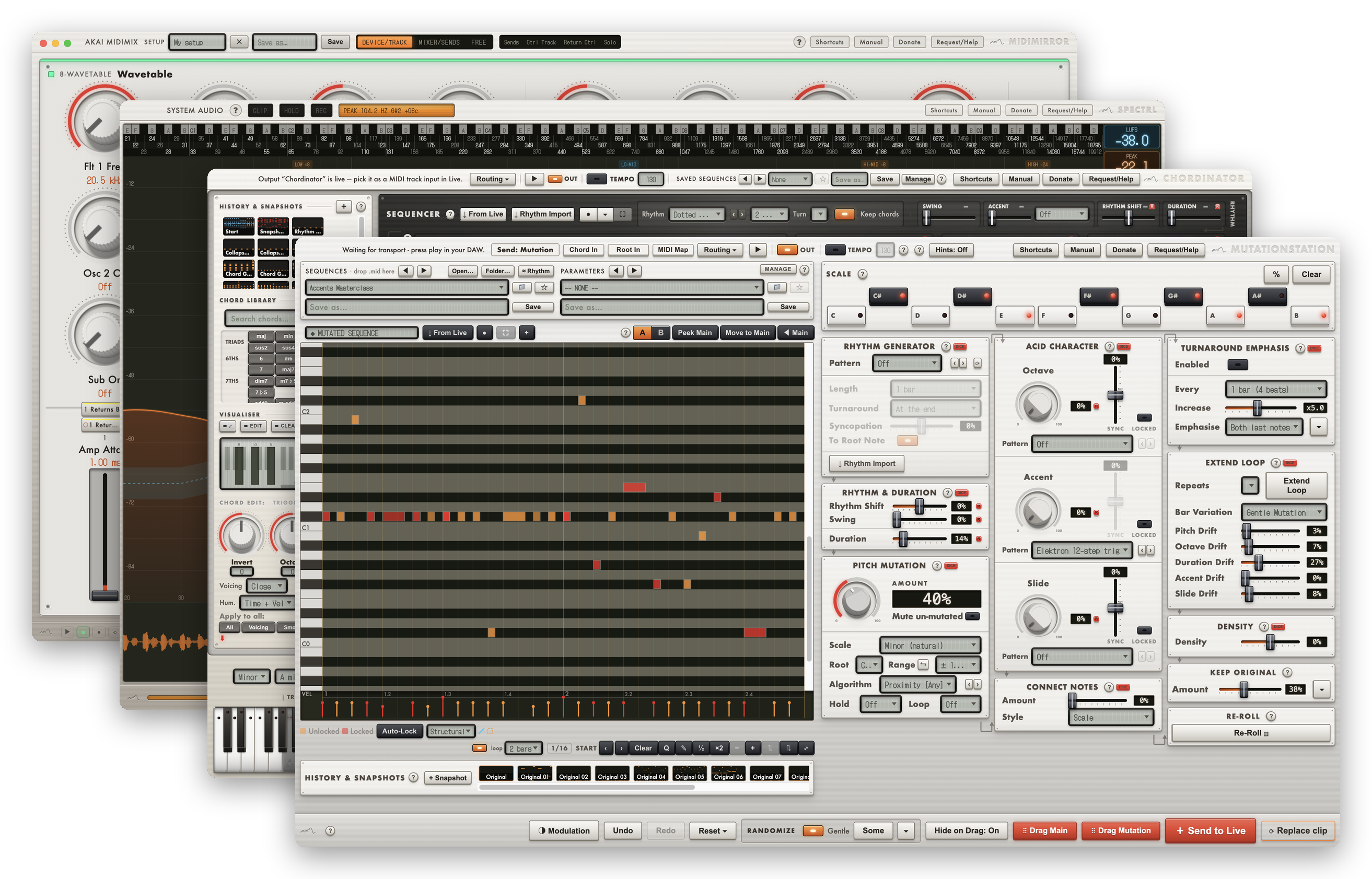 The four apps open at once, cascaded: MutationStation in front, then Chordinator, Spectrl and MidiMirror behind it