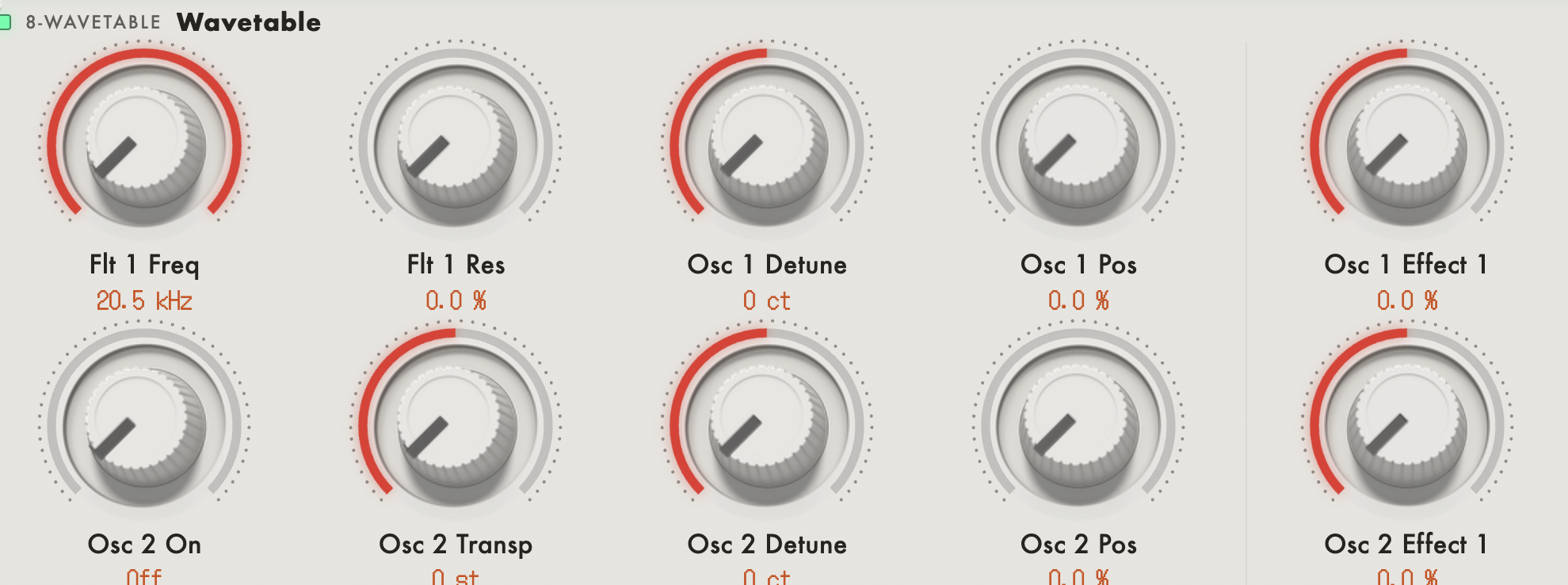 A close-up of two knob rows in MidiMirror, each knob labelled with the Wavetable parameter it holds and its current value: filter frequency 20.5 kHz, resonance 0.0 percent, oscillator detune 0 cents, oscillator 2 transpose 0 semitones