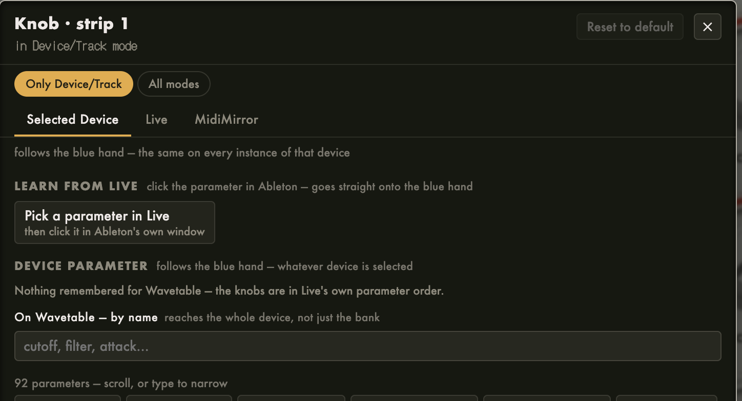 The MidiMirror mapping dialog for a knob: a scope switch for this mode only or all modes, tabs for the selected device, Live and MidiMirror itself, Learn from Live, a device parameter picker, and the device on/off option