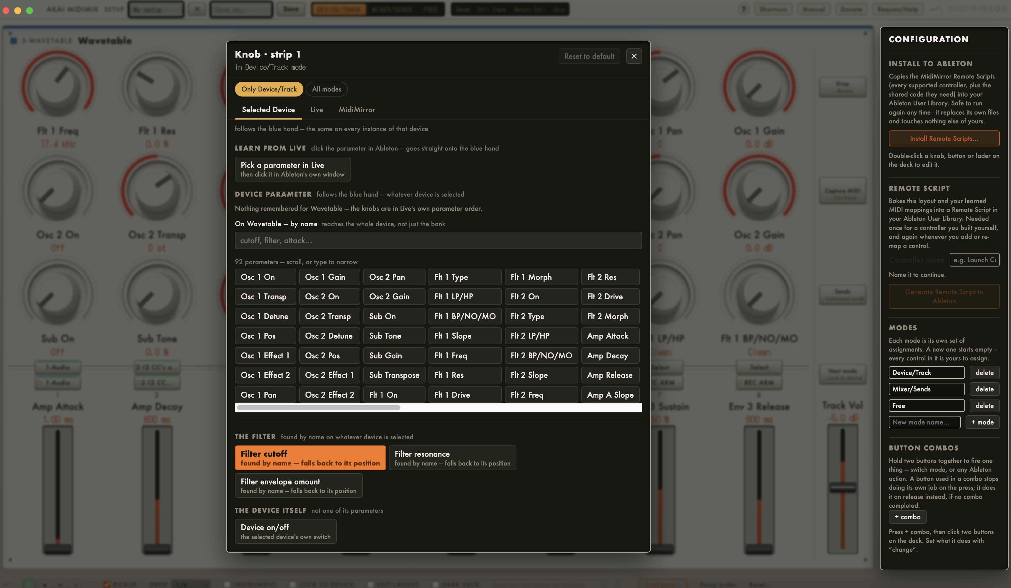 The MidiMirror mapping screen for a knob over the deck with Wavetable in focus, with Learn from Live, Device parameter and The filter sections for choosing its job