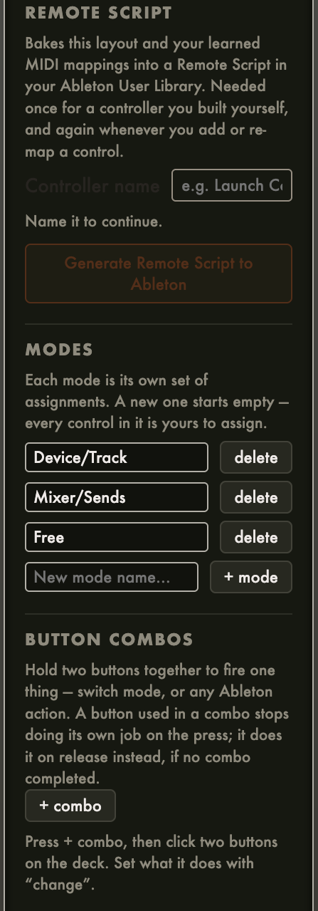 The MidiMirror side panel: the Remote Script section with a controller name field and a Generate Remote Script to Ableton button, the Modes list showing Device/Track, Mixer/Sends and Free with a plus to add one, and the Button Combos section