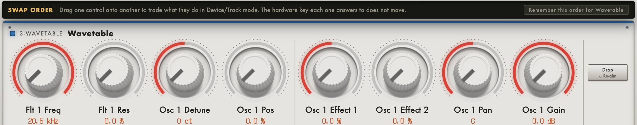 The MidiMirror swap-order bar above a knob row: it reads Drag one control onto another to trade what they do in Device/Track mode, the hardware key each one answers to does not move, with a Remember this order for Wavetable button on the right, over eight knobs labelled Flt 1 Freq, Flt 1 Res, Osc 1 Detune, Osc 1 Pos, Osc 1 Effect 1, Osc 1 Effect 2, Osc 1 Pan and Osc 1 Gain