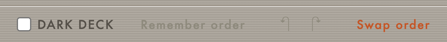 The right end of the MidiMirror bottom row: DARK DECK, Remember order, undo and redo, and Swap order lit orange because it is on