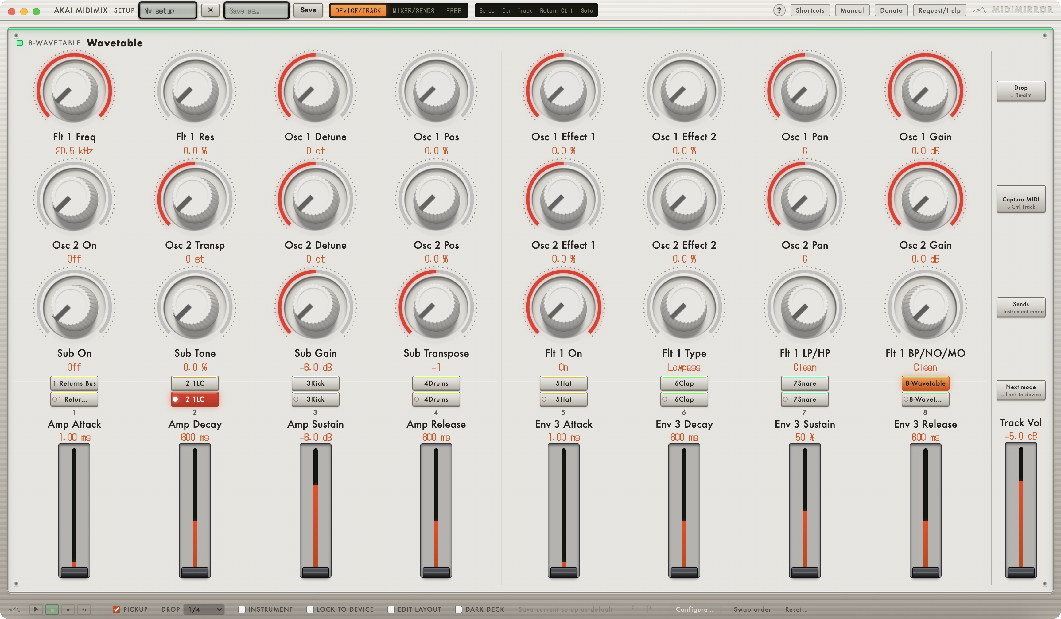 The MidiMirror window in Device mode: an Akai MIDI Mix drawn on screen with Wavetable in focus, every knob labelled with the Wavetable parameter it controls