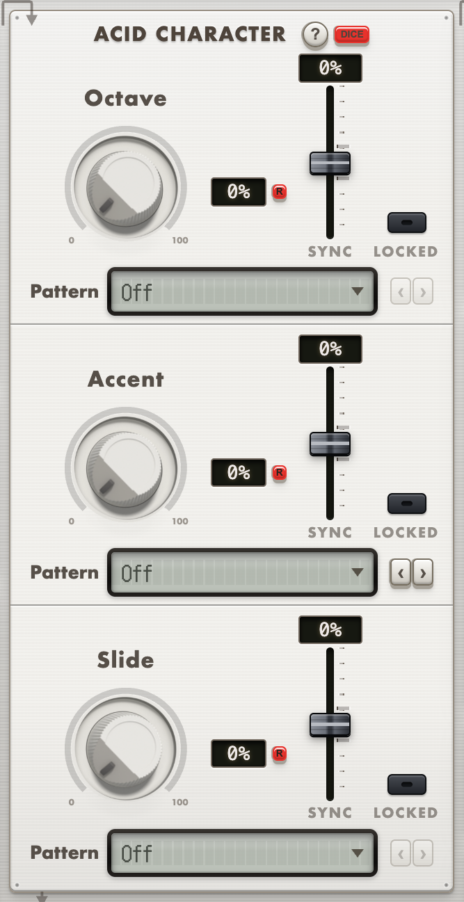 The Acid Character column: Octave, Accent and Slide, each with an amount, a sync slider, a locked toggle and a pattern dropdown