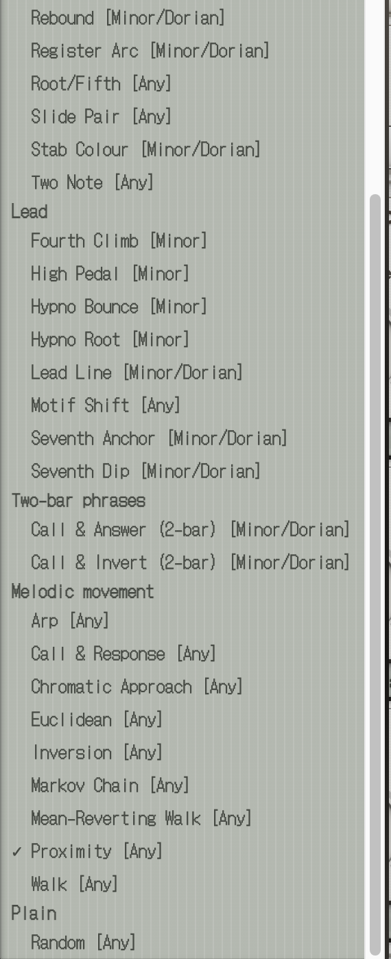The Algorithm dropdown open, showing all 34 pitch strategies grouped under Lead, Two-bar phrases, Melodic movement and Plain, with Proximity ticked