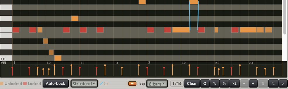 The MutationStation piano roll: locked notes drawn in red, unlocked notes in orange, slide lines between them, and the Auto-Lock row set to Structural