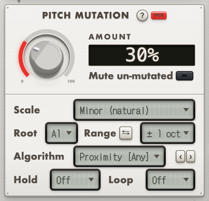 The Pitch Mutation panel: an Amount knob, Scale and Root selectors, a Range setting and the Algorithm dropdown showing Proximity