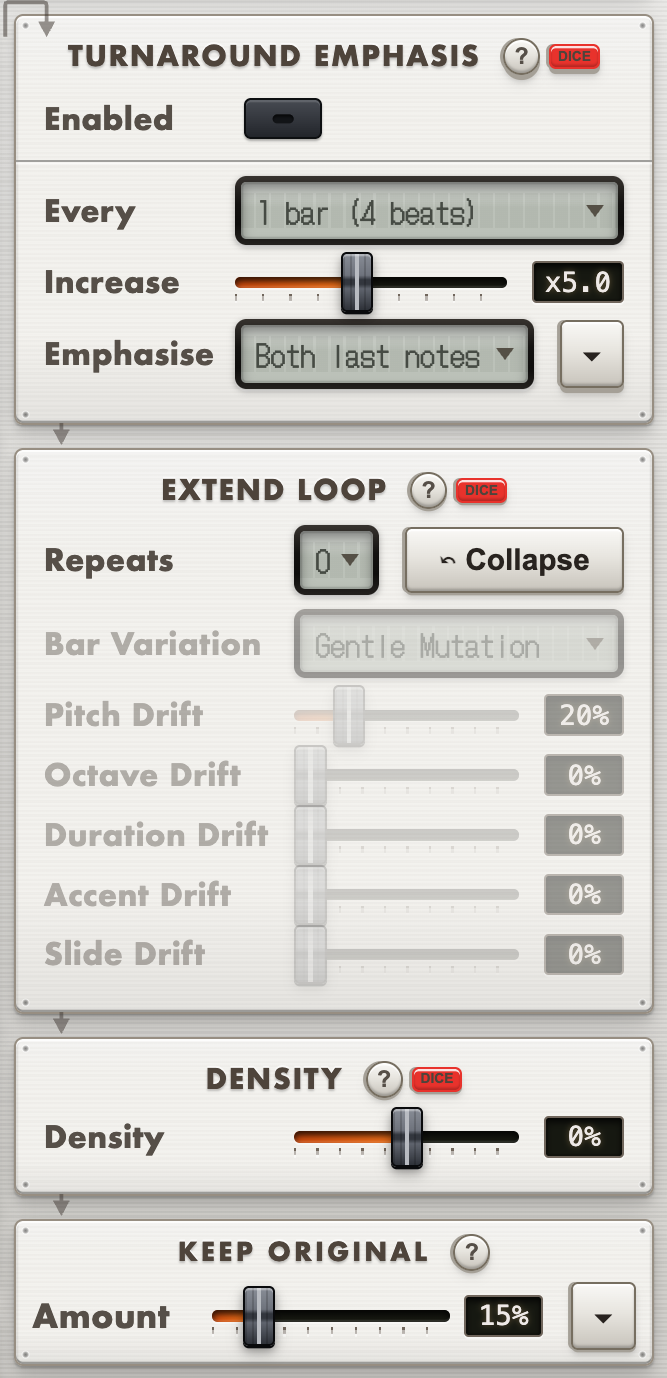 The right-hand column of MutationStation: Turnaround Emphasis with its Every, Increase and Emphasise settings, Extend Loop repeats, the Density slider and the Keep Original amount