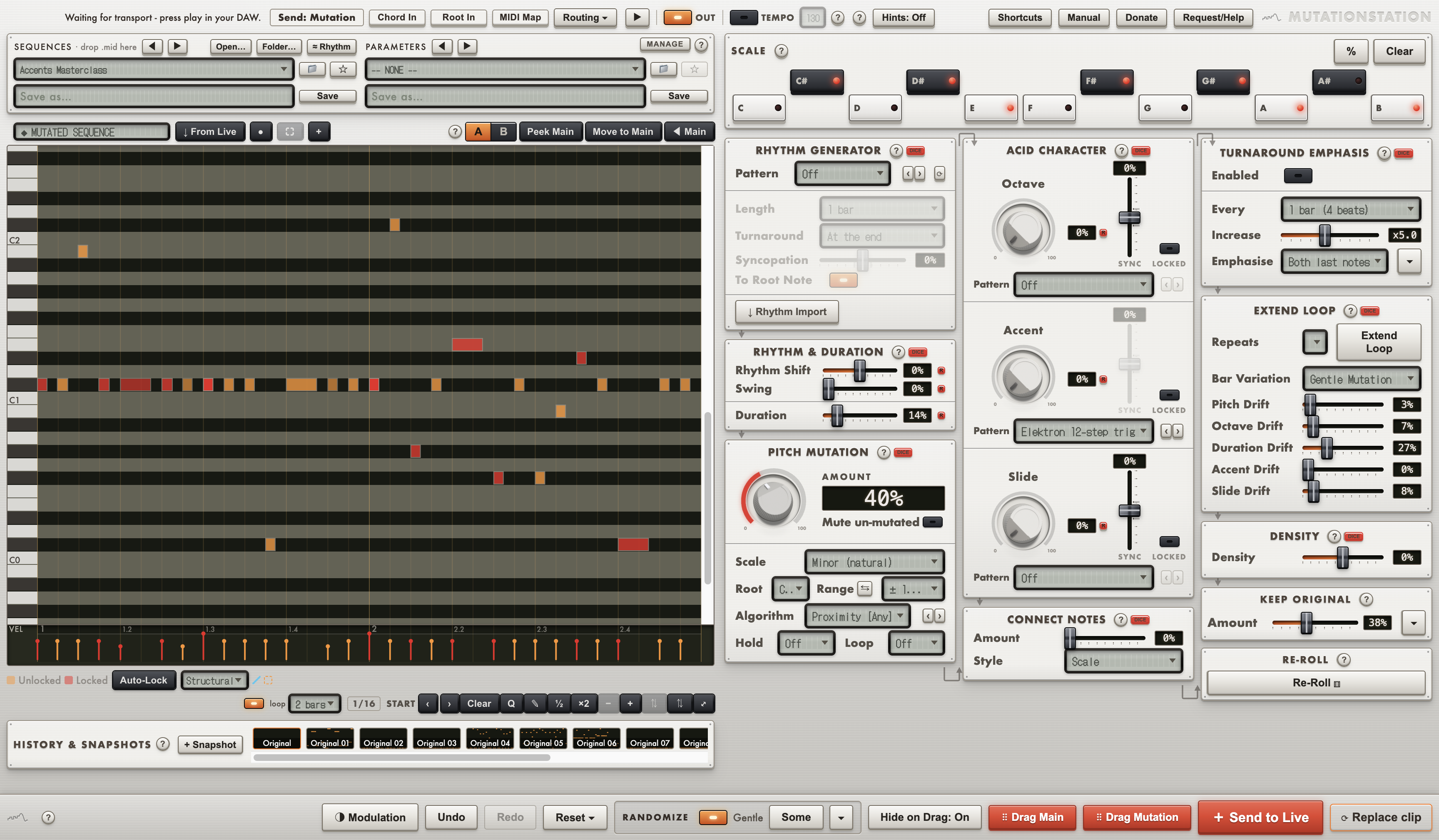 The MutationStation window: piano roll with locked and unlocked notes, scale panel, and the rhythm, pitch and acid character panels