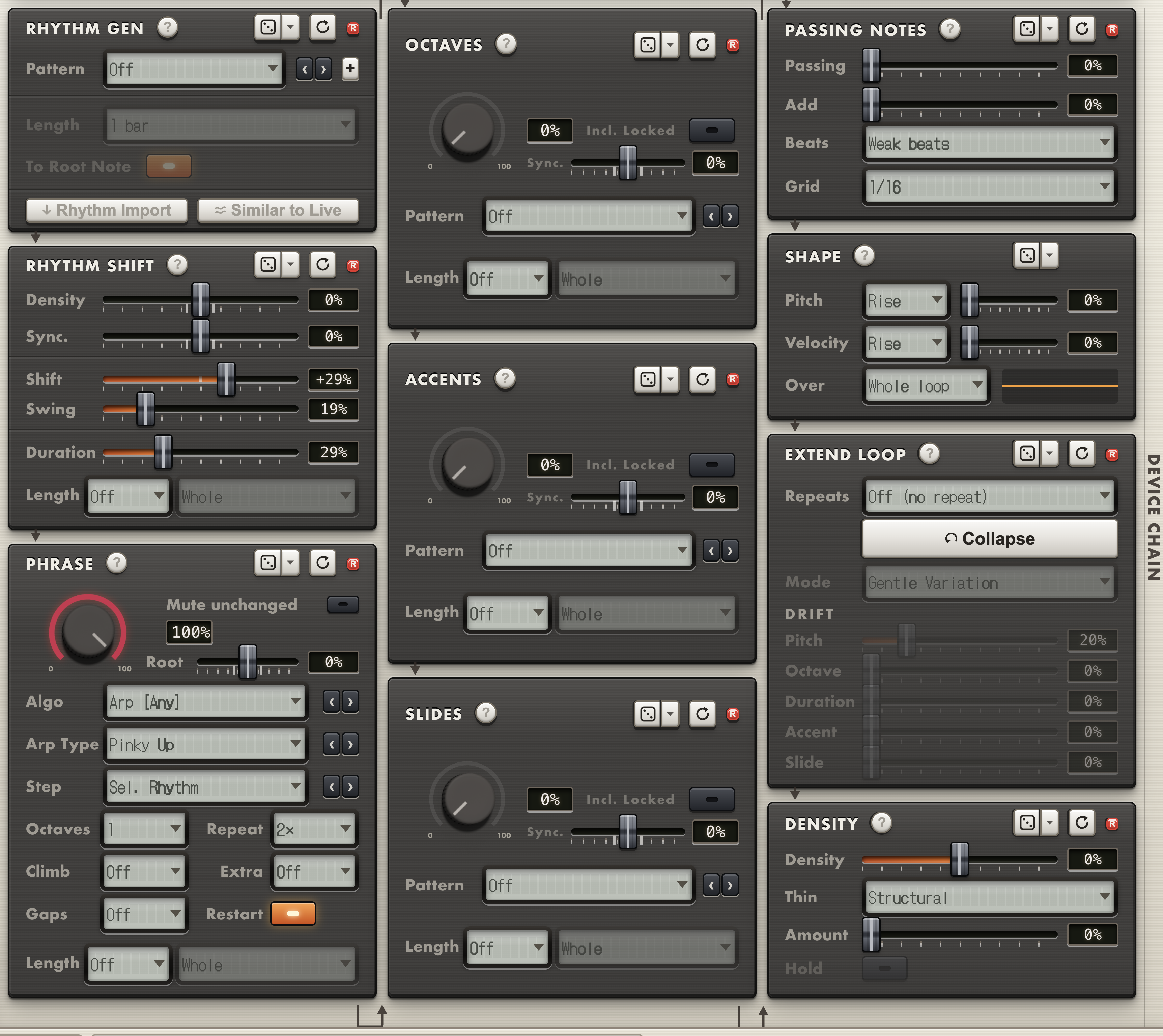 The PhraseMaker device chain in three columns: Rhythm Gen, Rhythm Shift and Phrase; Octaves, Accents and Slides; Passing Notes, Shape, Extend Loop and Density