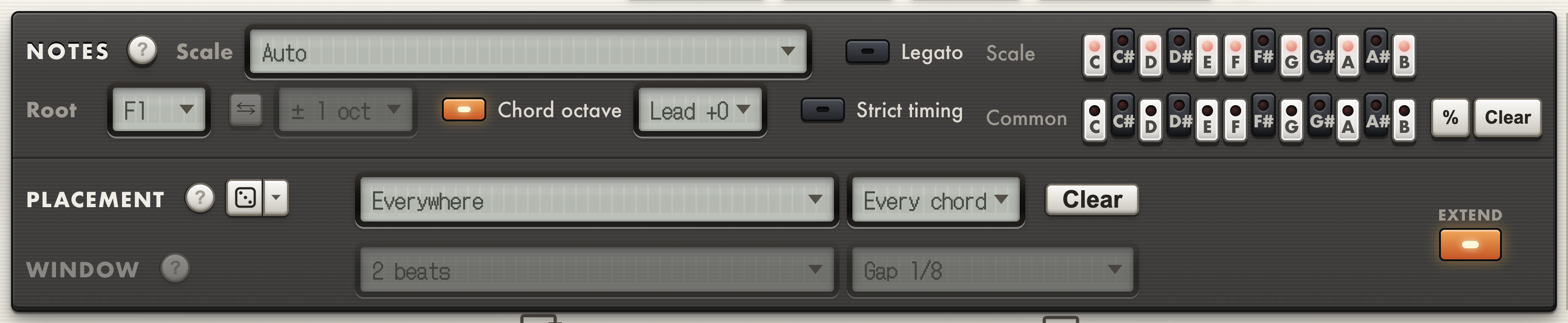 The PhraseMaker Notes panel, with the Scale and Common Tones key rows, Chord octave and Lead settings, and the Placement panel below it set to Everywhere, every chord