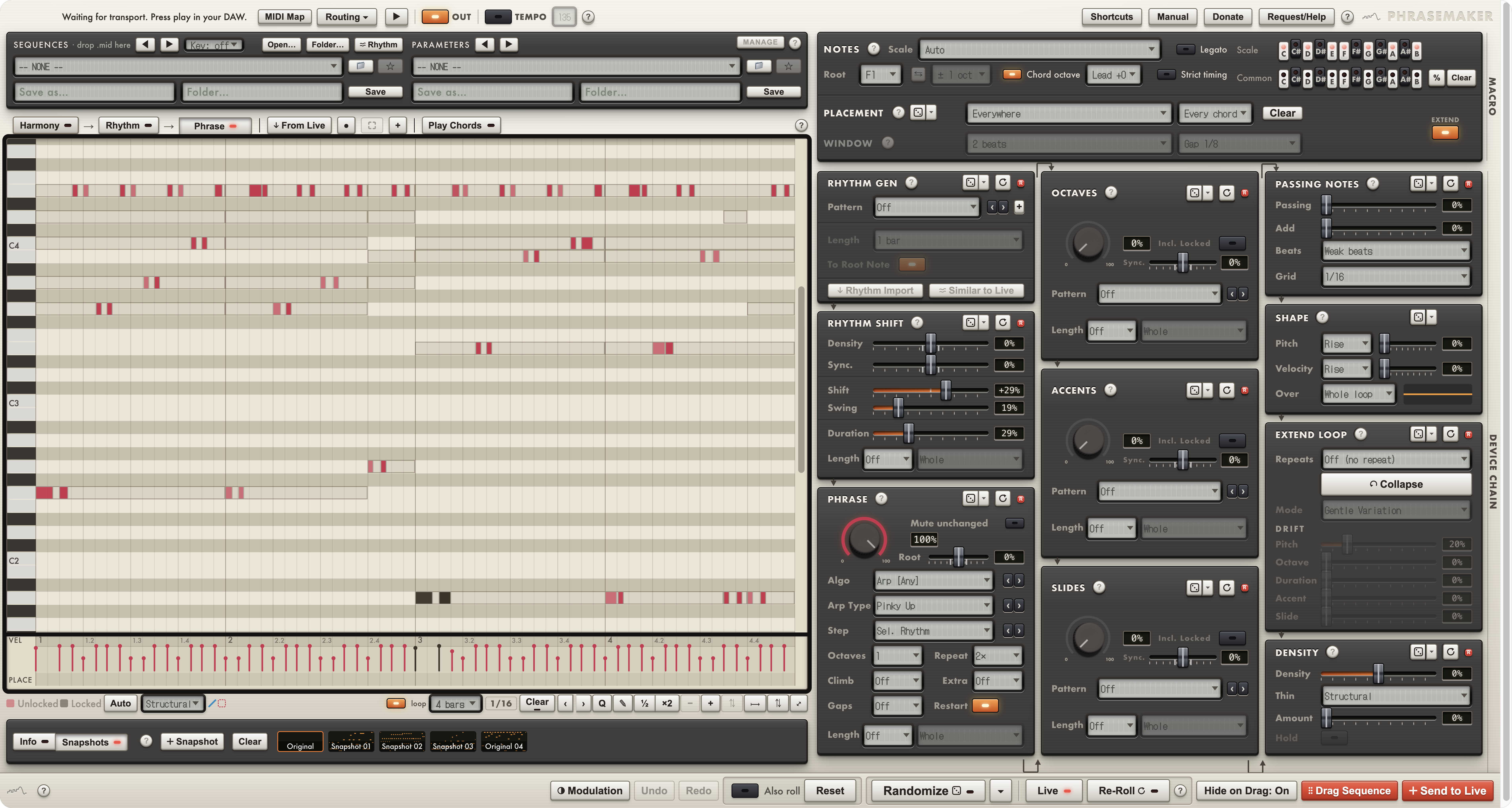The PhraseMaker window: the Harmony, Rhythm and Phrase keys above a piano roll with a four-bar melody over faint chords, the Notes and Placement panels, and the device chain down the right
