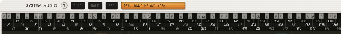 The top of the Spectrl window: the SYSTEM AUDIO title, clip, hold and record buttons, a peak readout of 104.2 Hz G#2 +06 cents, and the note ruler over the frequency axis
