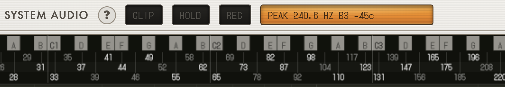 The top of the Spectrl window: the SYSTEM AUDIO title, a peak readout of 240.6 Hz B3 -45 cents, and the note ruler with note names and frequencies