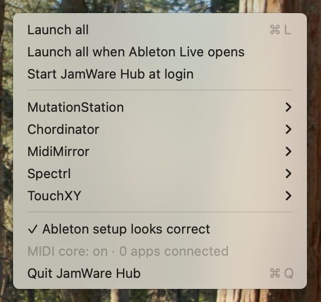 The JamWare Hub menu: Launch all, then MutationStation, Chordinator, MidiMirror, Spectrl and TouchXY, then Ableton setup looks correct